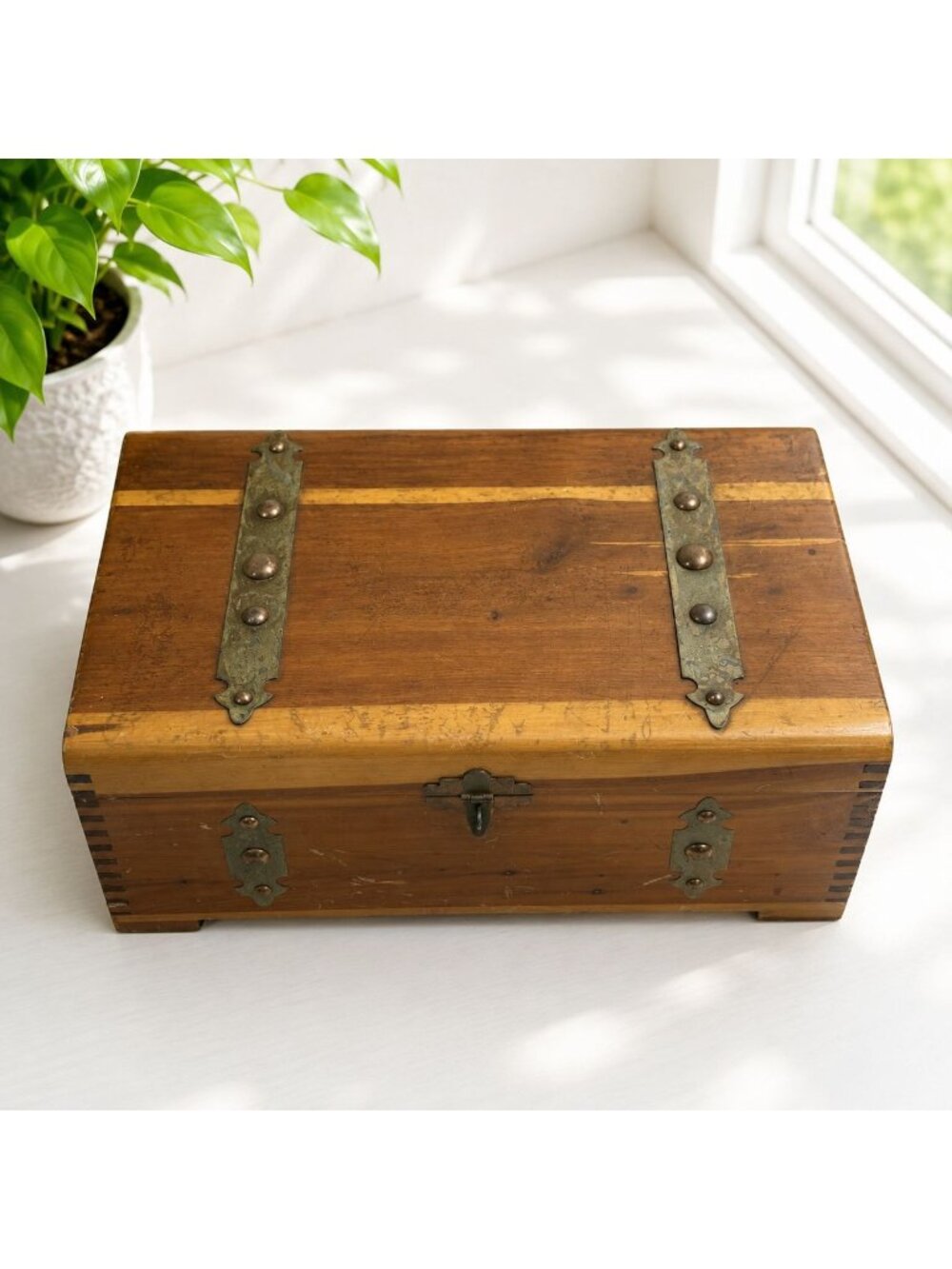 Vintage Wooden Storage Chest With Brass Accents & Rustic Hinges - 12" X 7.5" X 5